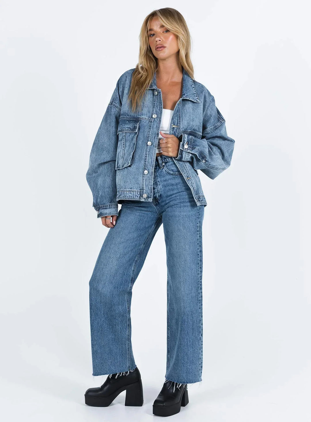 Blazer di jeans blu da donna ampio effetto rétro