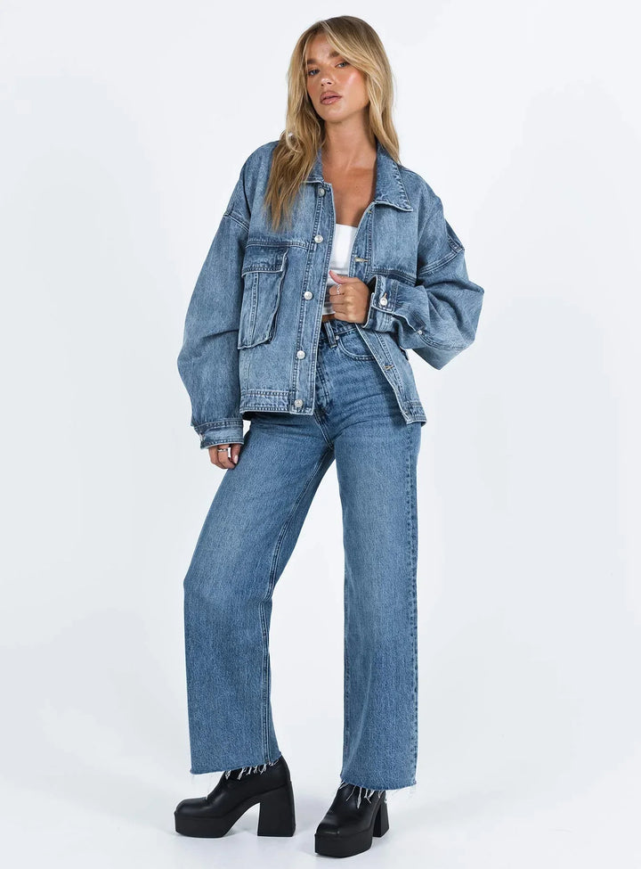 Blazer di jeans blu da donna ampio effetto rétro