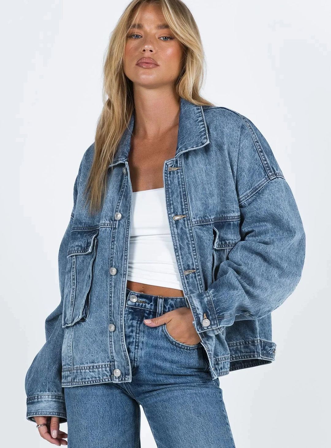 Blazer di jeans blu da donna ampio effetto rétro