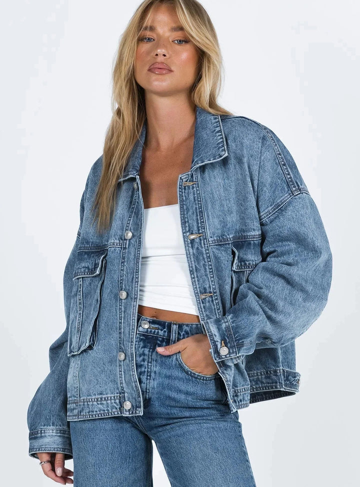 Blazer di jeans blu da donna ampio effetto rétro