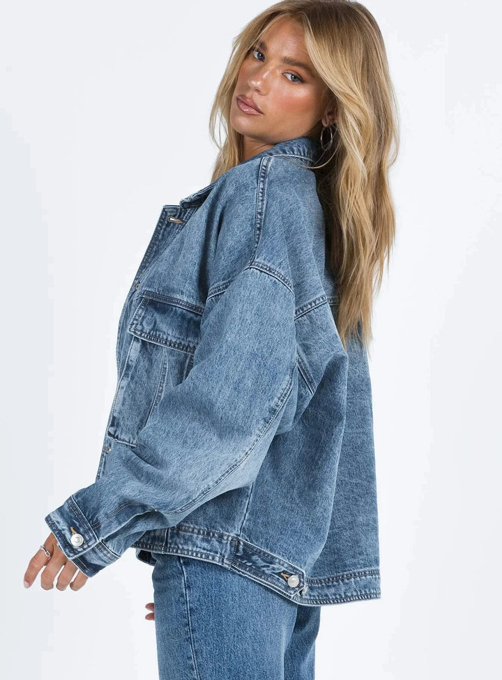 Blazer di jeans blu da donna ampio effetto rétro