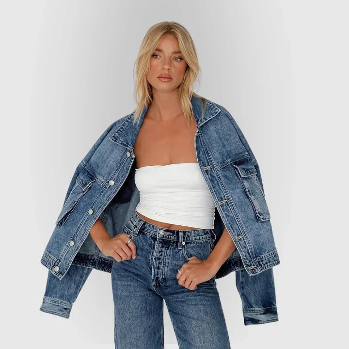 Blazer di jeans blu da donna ampio effetto rétro