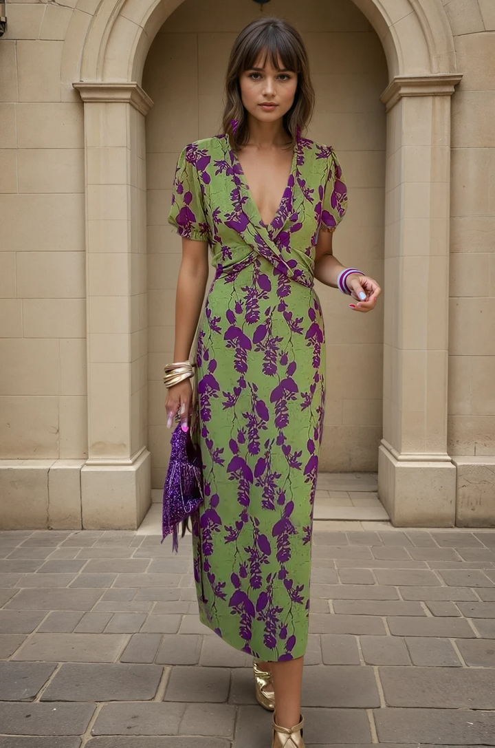Abito midi donna multicolore scollo a V incrociato maniche a sbuffo