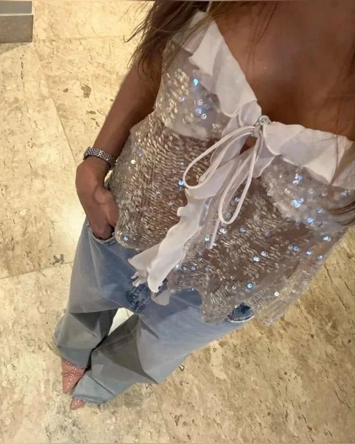 Top crop donna con paillettes spalline sottili e volant in organza